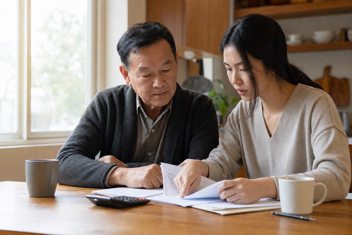 A father and adult daughter review treatment paperwork and insurance statements together at a sunlit kitchen table