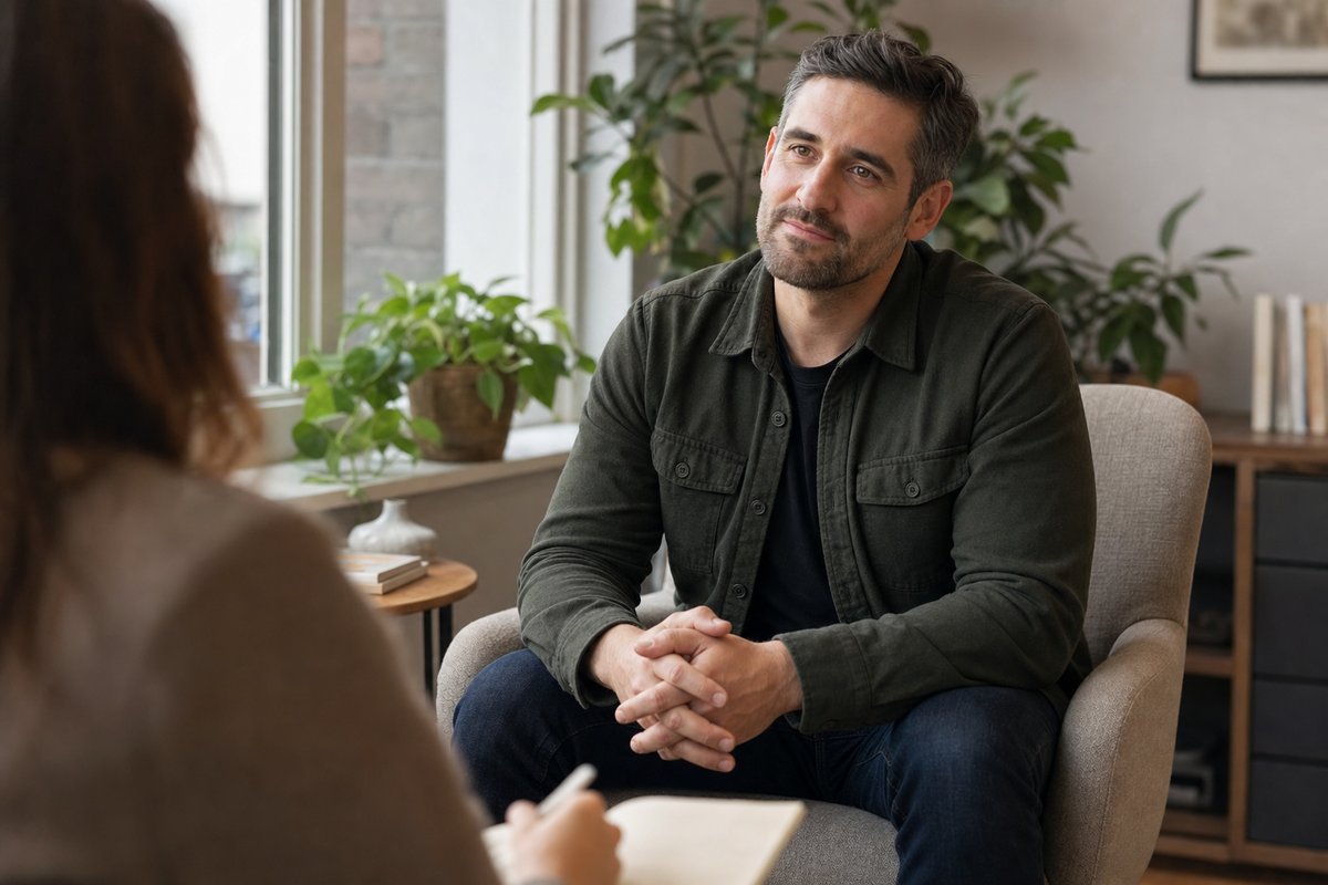 A man talks with a counselor during an outpatient session in a calm, sunlit office, representing integrated care for co-occurring mental health and substance use disorders