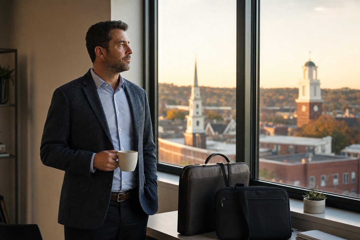 A professional pauses with a coffee mug by an office window in early morning light, looking out in quiet reflection before the workday