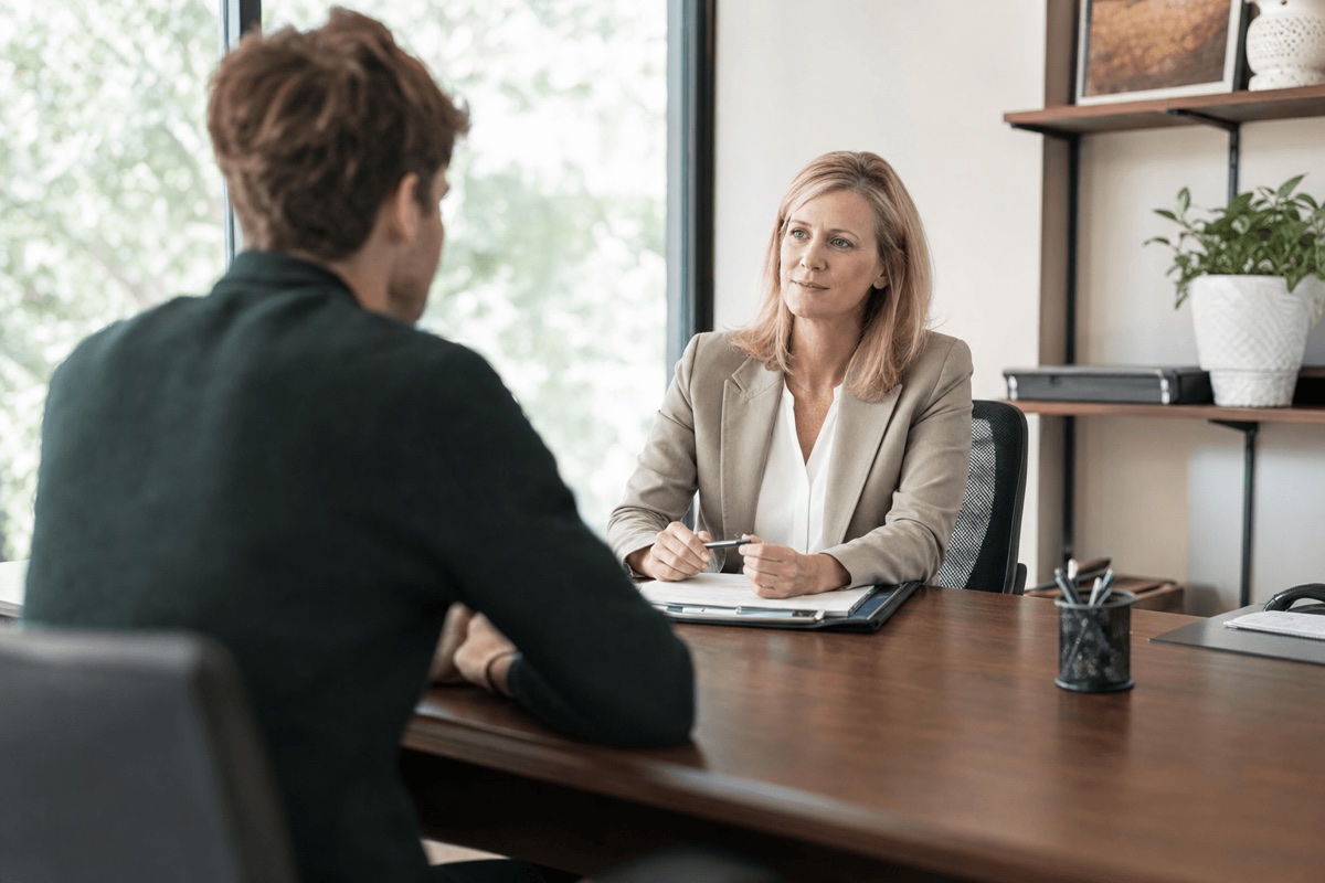 A person speaking with an HR manager across a desk in a calm, private office