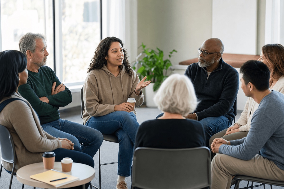 A small peer support group sitting in a circle of chairs in a bright community room during a sober meeting