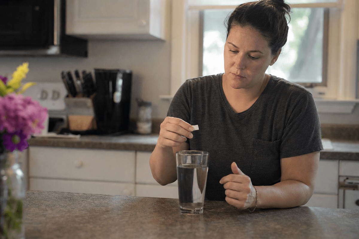 A person holding a sublingual Suboxone film over a glass of water in a calm kitchen