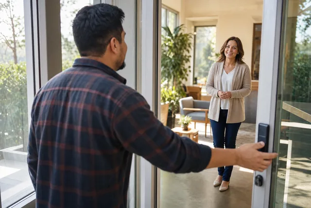 A man pauses at the open door of a bright counseling center as a counselor welcomes him inside