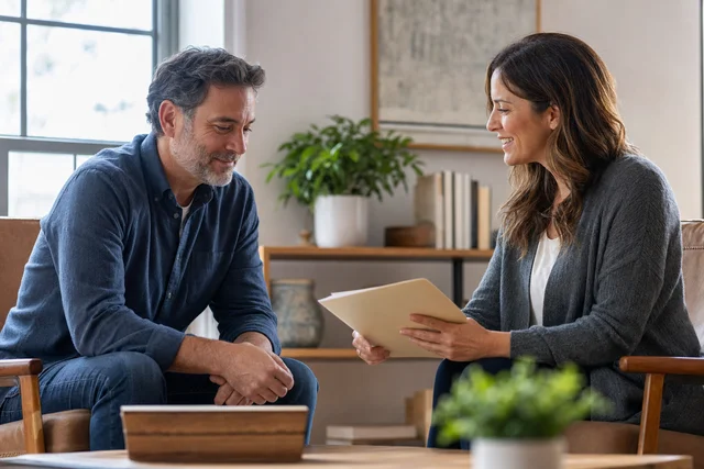 A man reviews his treatment progress with a counselor in a bright outpatient office, both looking encouraged