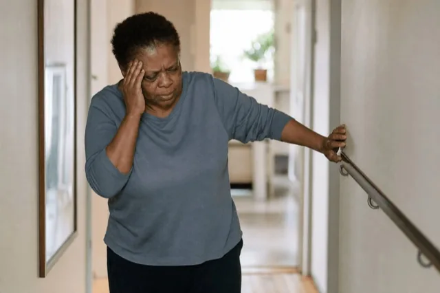 A person steadying themselves against a wall in a sunlit hallway, hand reaching for the rail