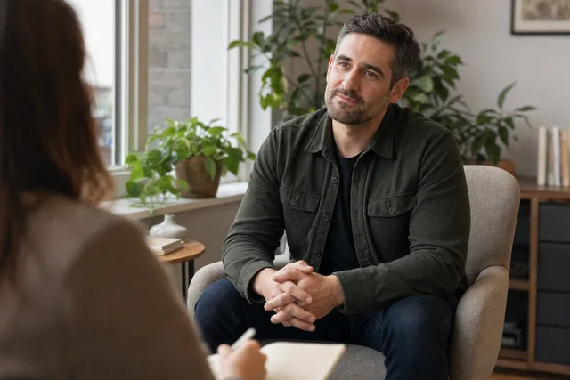 A man talks with a counselor during an outpatient session in a calm, sunlit office, representing integrated care for co-occurring mental health and substance use disorders