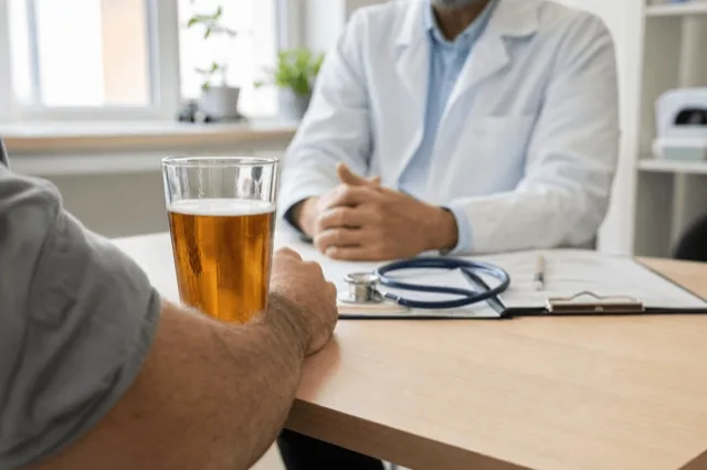 A glass of beer beside a doctor's clipboard and stethoscope on a clinic desk in daylight