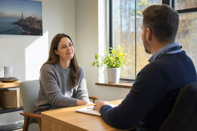 A clinician and a patient talking across a desk in a bright outpatient clinic office, both looking hopeful