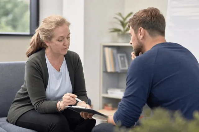 A clinician and patient reviewing a medication-assisted treatment plan together in a calm clinical office