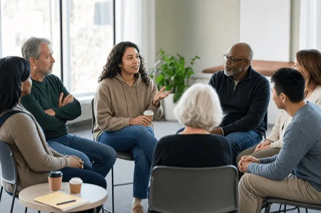 A small peer support group sitting in a circle of chairs in a bright community room during a sober meeting